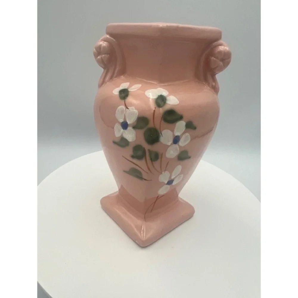Vintage R.R.P. Co Roseville Ohio Pink Ceramic Bud Vase Hand Painted Floral 5.5